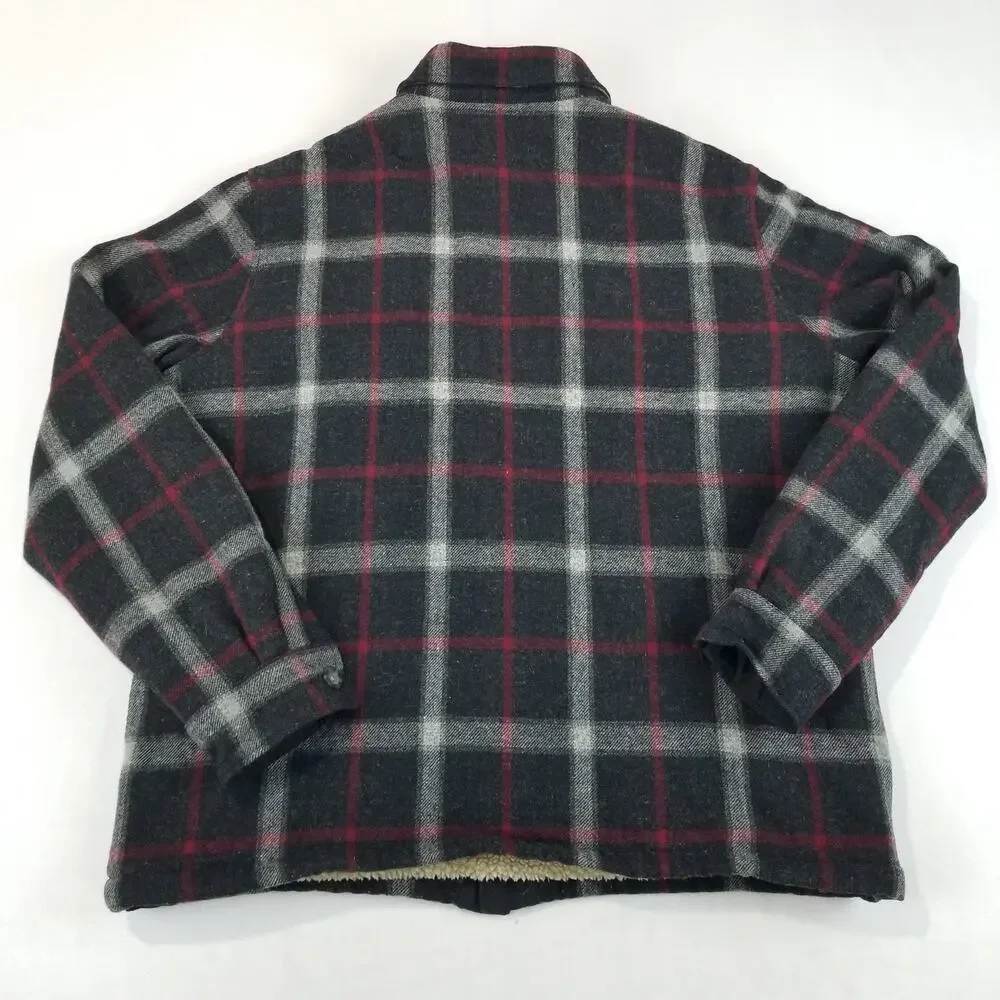 Woolrich Jacket Mens Large Slate Plaid Wool Sherpa Lined Button Front 16095